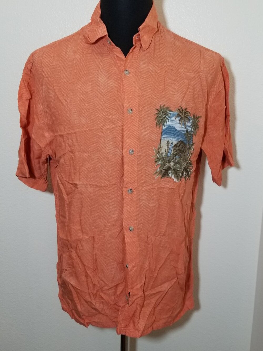 Campia Moda Mens M Coral Hawaiian Floral Button Up Camp Shirt Tropical Coastal